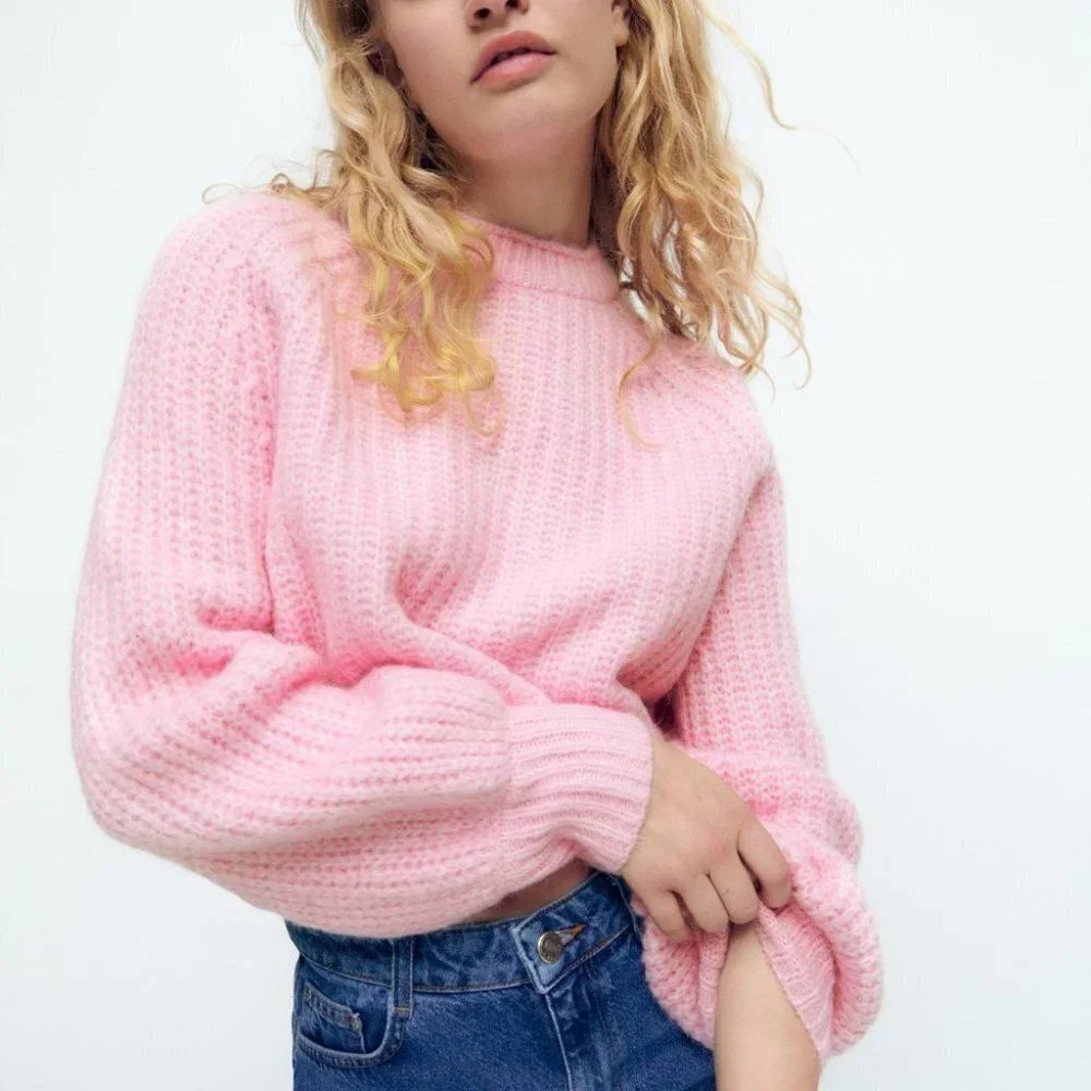 Zara Purl Knit Crop Wool Alpaca Balloon Sleeve Knit Sweater Light Pink Sz Small - Picture 2 of 10